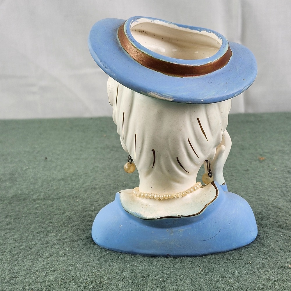 Vintage Japan Tilso Lady Head Vase Faux Necklace Earrings Blue Dress & Hat - Picture 2 of 9